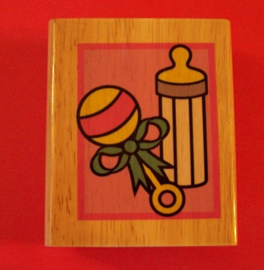 Mounted rubber stamp baby bottle and rattle