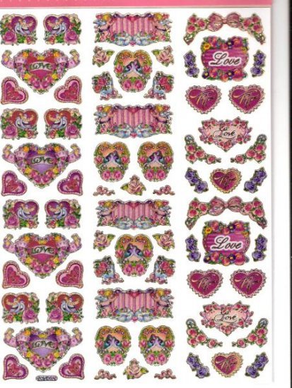 Sheet of 68 hearts and roses laser cut stickers