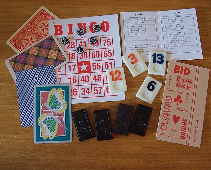 Vintage game pieces Rummikub Bingo Dominos cards Bridge