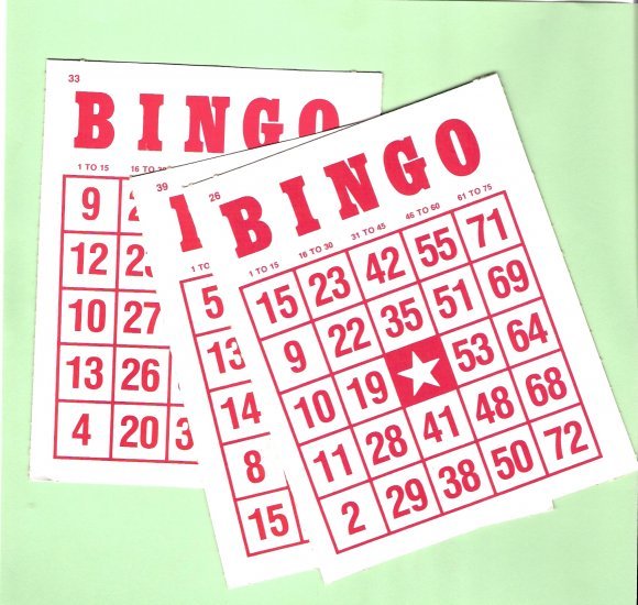 3 Red and white vintage Bingo cards