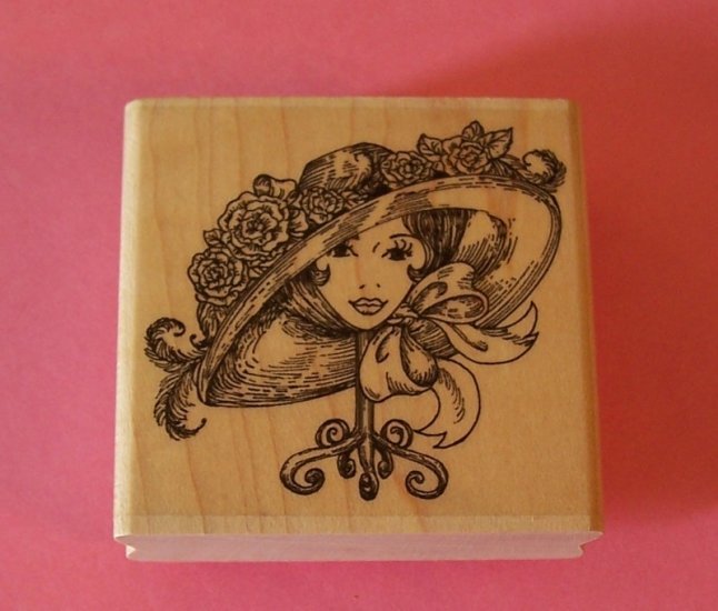 Stampabilities fancy womans hat with flowers on stand mounted rubber stamp