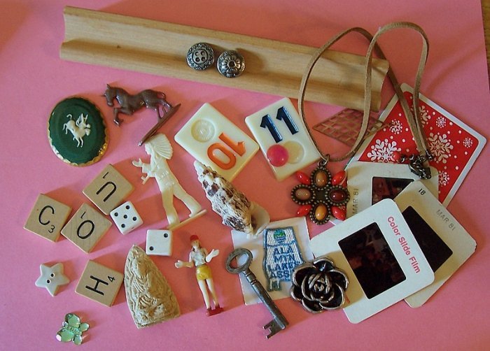 Lot of vintage objects for altered art assemblage crafts toys game pieces key patch more