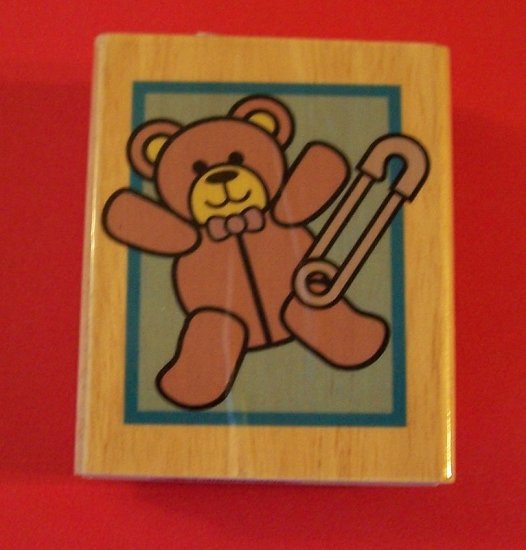 Mounted rubber stamp teddy bear and diaper pin for announcements scrapbook gift tags