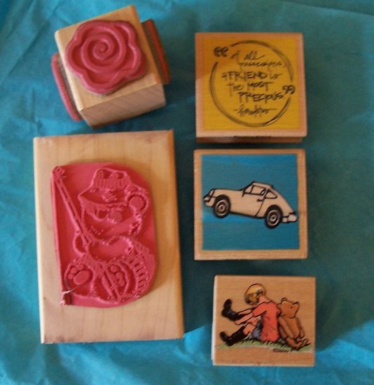 5 rubber stamps flower Winnie Pooh car friendship fishing bear
