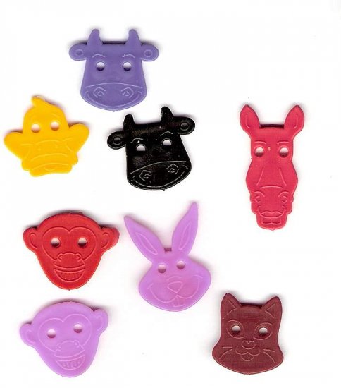 Lot of plastic novelty animal head buttons for crafting sewing scrapbooks primary colors