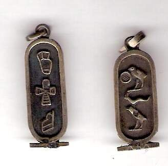 2 Egyptian hieroglyph charm pendant metal estate sale silver?