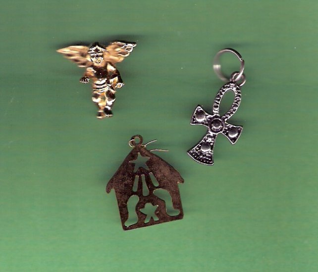 3 Religious theme charms cross angel nativity in metals