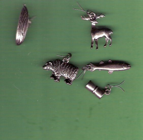 Outdoor theme charms for jewelry crafts set of 5 deer bear fish canoe sleeping bag