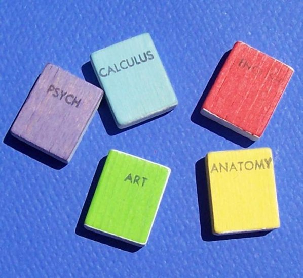 lot of 5 miniature wooden school books for assemblage, crafting, dollhouses