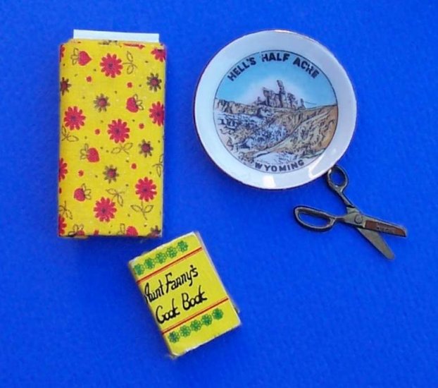 Lot of miniatures for crafting and dollhouse fabric cookbook scissors plate