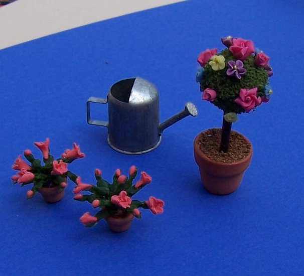 Dollhouse miniatures topiary pot plants watering can handmade new