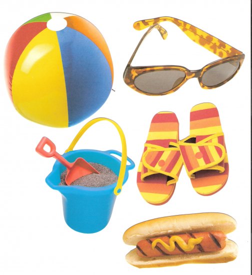Beach diecuts sandpail beachball sunglasses hotdog flipflops