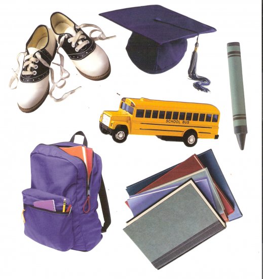 School theme diecuts books bus mortarboard graduation shoes backpack