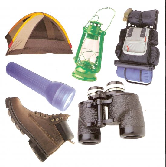 Camping theme diecuts binoculars tent boots lantern backpack