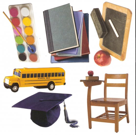 School theme diecuts books desk bus blackboard paints mortarboard