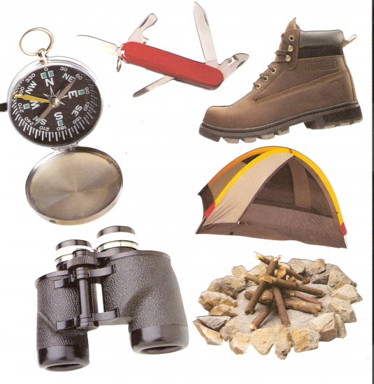 Outdoors theme diecuts compass binoculars tent campfire boot pocketknife