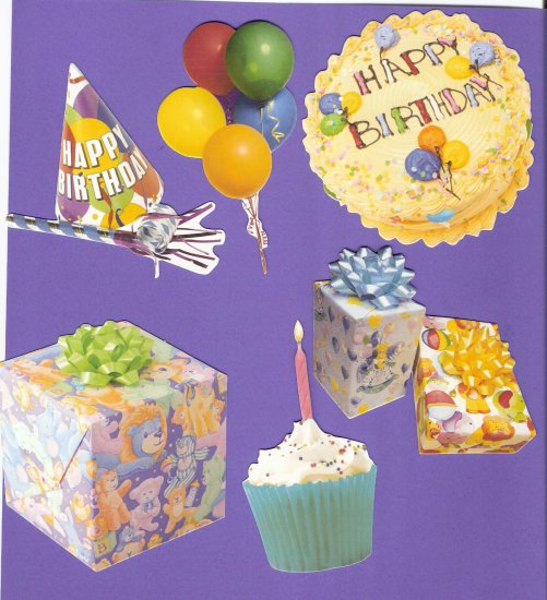 Birthday party theme diecuts gifts cake hat balloons cupcake