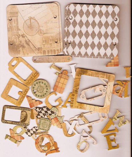 46 Vintage theme chip board diecuts frames corners tags alphabet