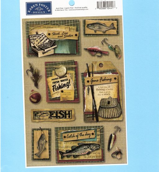 Fishing theme stickers signs lures vintage look Karen Foster
