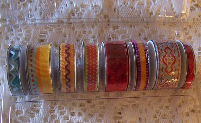 8 mini spools of scrapbook ribbon in red gold teal MIP