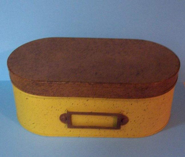 Oval enamelware box with label holder on front-mint