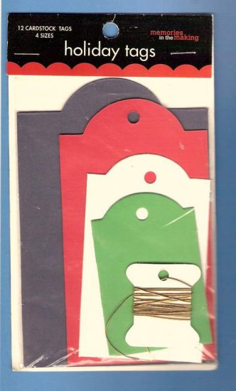 12 cardstock tags assorted sizes blue red white green with cord MIP