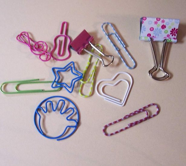 Metal Novelty clips and fasteners green pink and blue