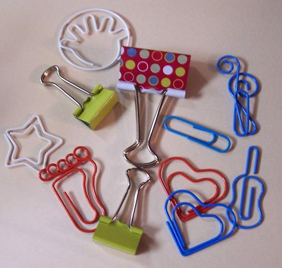 Metal Novelty clips and fasteners red blue green