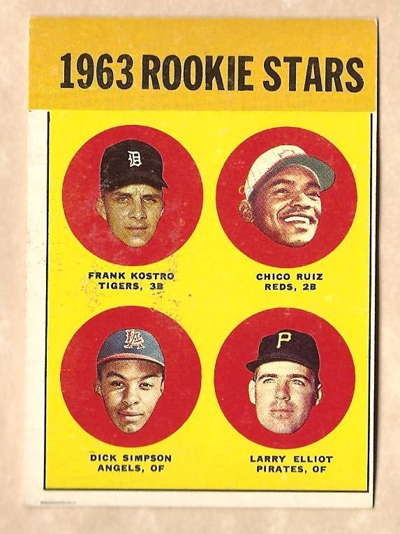 1963 Topps baseball card #407 Rookie Stars Frank Kostro Chico Ruiz Dick Simpson Larry Elliot EX/NM