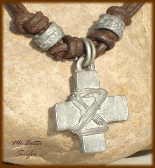 Pewter Cross with Rope Leather Cord Surfer Necklace