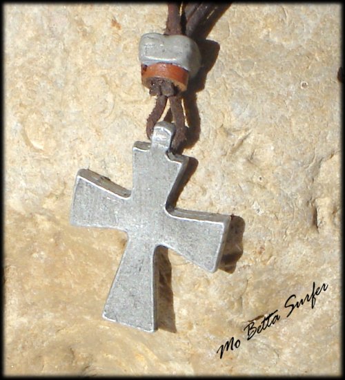 Men's Distressed Leather Cord Choker with Pewter Christian Cross