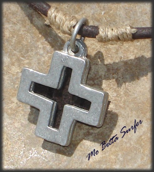 Men's Distressed Leather Surfer Necklace with Pewter Cross
