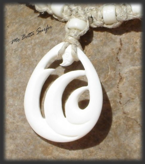 Hand Carved Bone Teardrop w/Waves Leather and Hemp Surfer Necklace