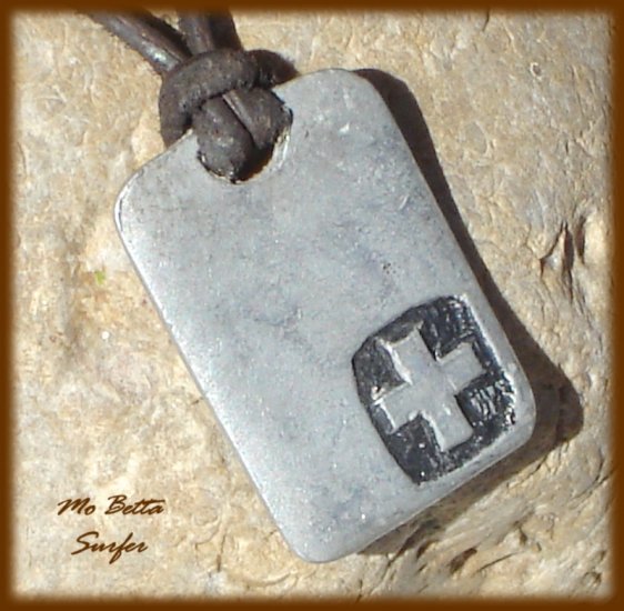 Men's Distressed Leather Surfer Necklace with Pewter Cross on Tag