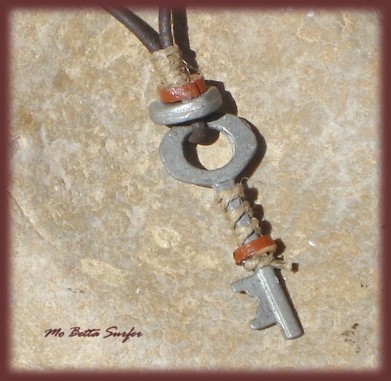 Distressed Leather Adjustable Surfer Necklace with Vintage Pewter Key