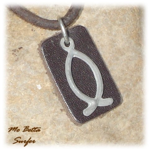 Distressed Leather Adjustable Choker Necklace with Christian Fish and Leather Tag
