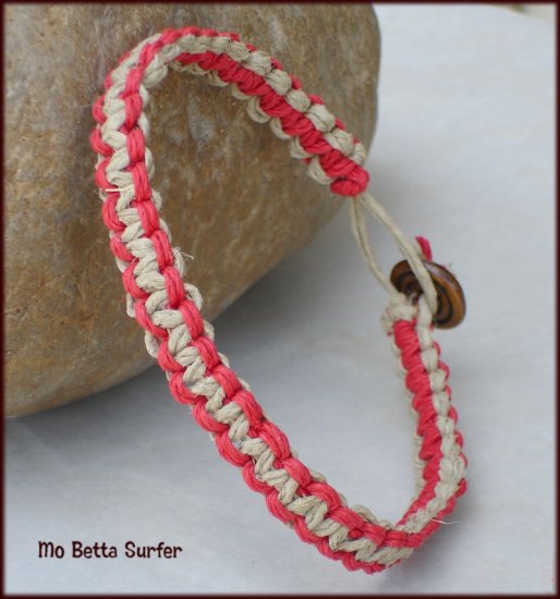 Natural and Red Classic Weave Hemp Reversible Surfer Bracelet or Anklet