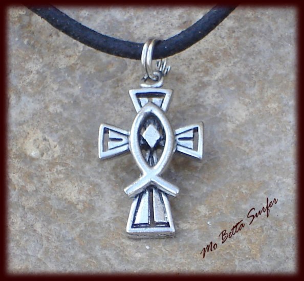 Pewter Cross and Fish Pendant on Adjustable Leather Choker Necklace
