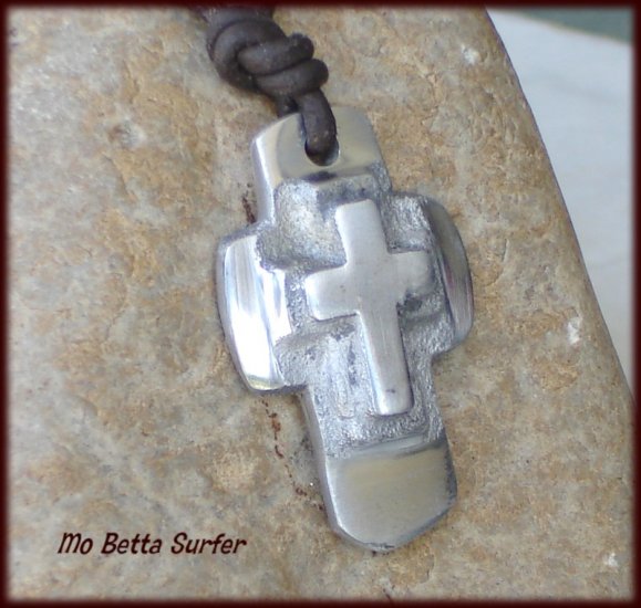 Men's Distressed Leather Surfer Necklace with Layered Cross