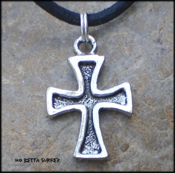 Pewter Debossed Cross Pendant on Adjustable Leather Choker Necklace