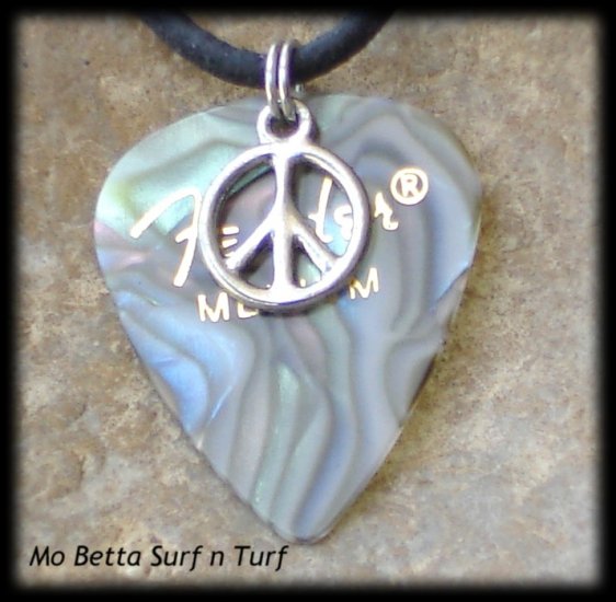 Fender Abalone Guitar Pick and Peace Symbol on Leather Adjustable Necklace