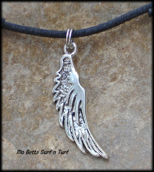 Christian Angel Wing Pewter Pendant on Adjustable Leather Choker Necklace