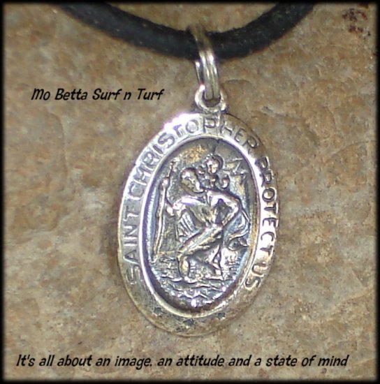 Sterling Silver Saint Christopher on Black Leather Adjustable Choker Necklace