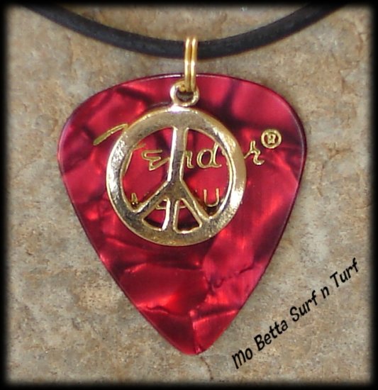 Fender Red Moto Guitar Pick and Peace Sign on Leather Adjustable Necklace