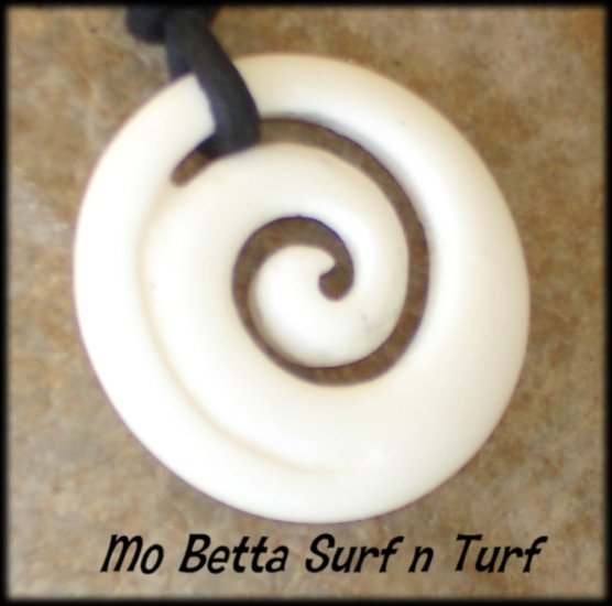 Maori Koru Tranquility Carved Bone Pendant Leather Surfer Necklace