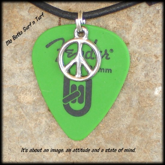 Fender Green Rock On Guitar Pick and Peace Sign on Leather Adjustable Necklace