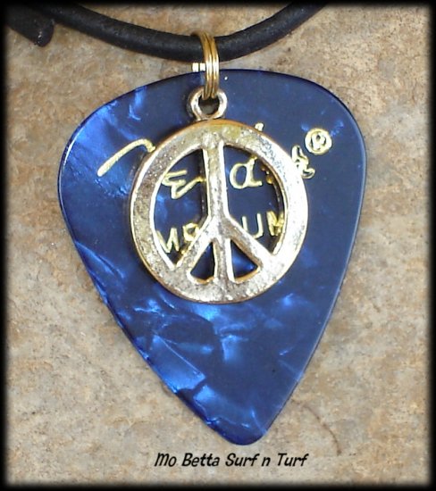 Fender Blue Moto Guitar Pick and Peace Sign on Leather Adjustable Necklace