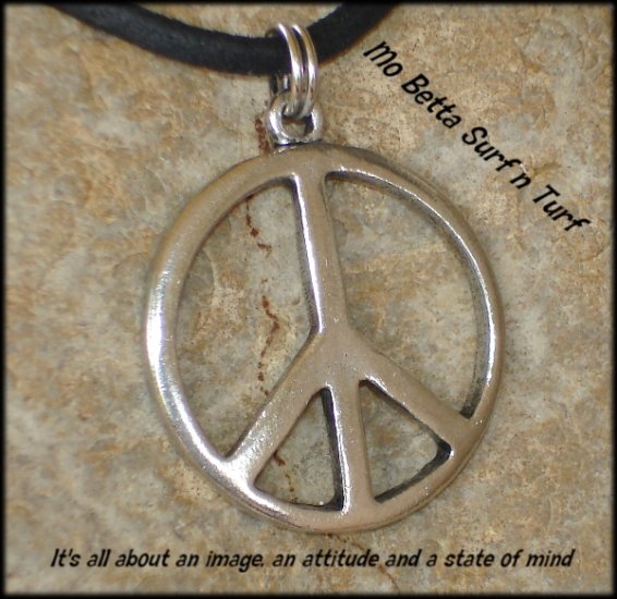 Pewter Peace Sign Distressed Leather Adjustable Surfer Necklace