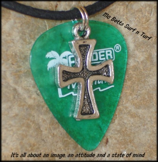 Fender Green California Clear Guitar Pick and Pewter Cross on Leather Adjustable Necklace
