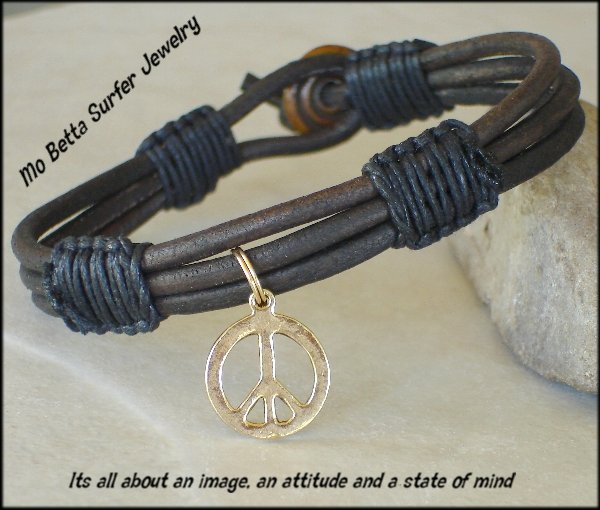 Triple Layer Distressed Dark Brown Leather with Gold Pewter Peace Sign Bracelet or Anklet